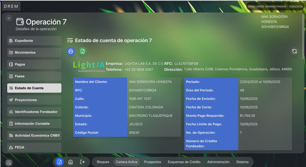 Interfaz del sistema DREM con panel de control activo